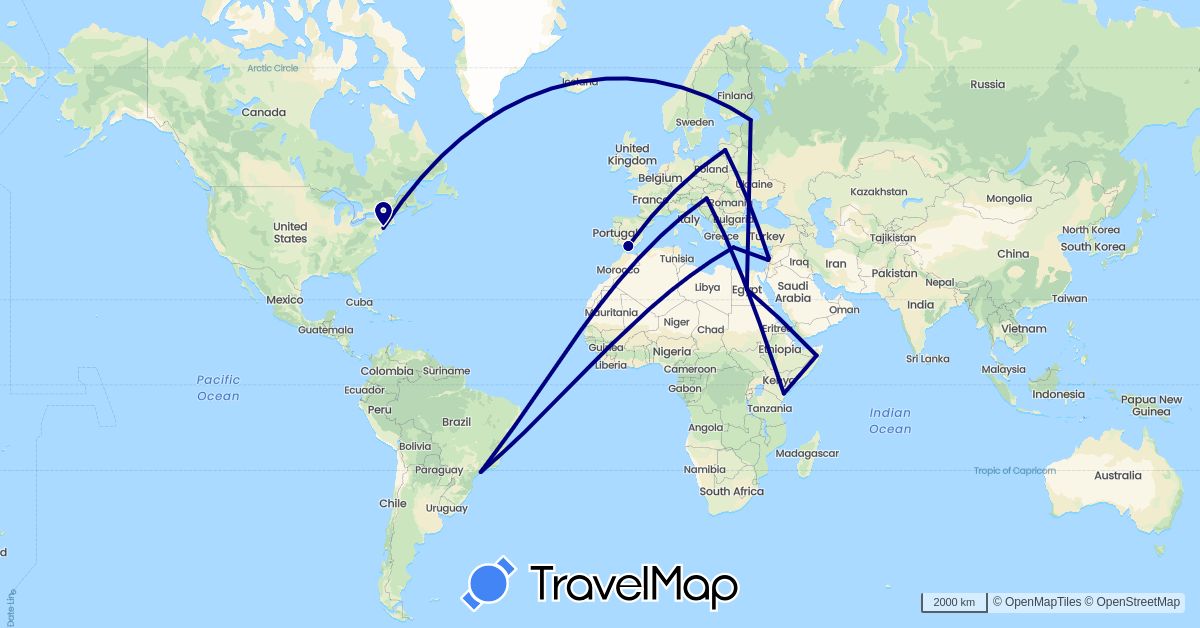 TravelMap itinerary: driving in Brazil, Egypt, Spain, Greece, Hungary, Kenya, Lebanon, Lithuania, Russia, Somalia, United States (Africa, Asia, Europe, North America, South America)